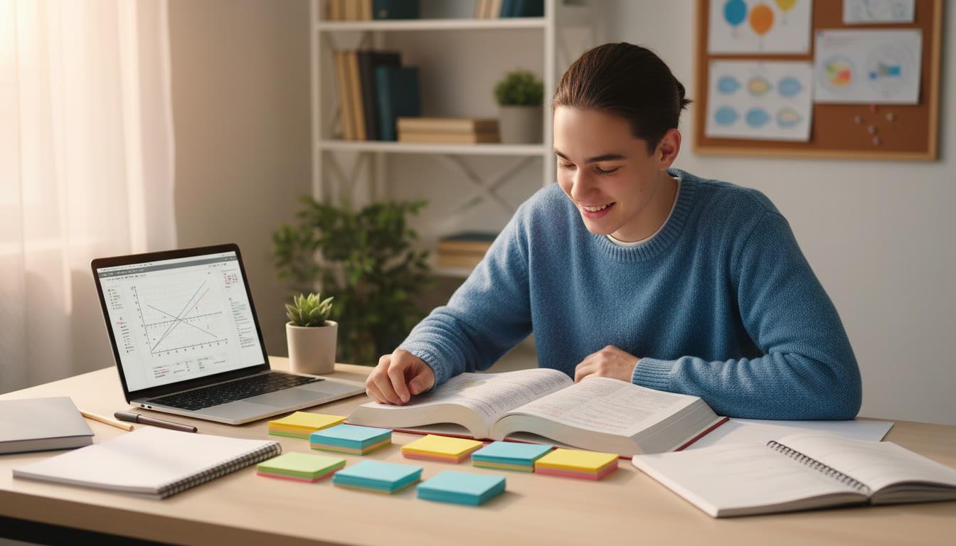 Student study setup with notes and learning materials for exam preparation