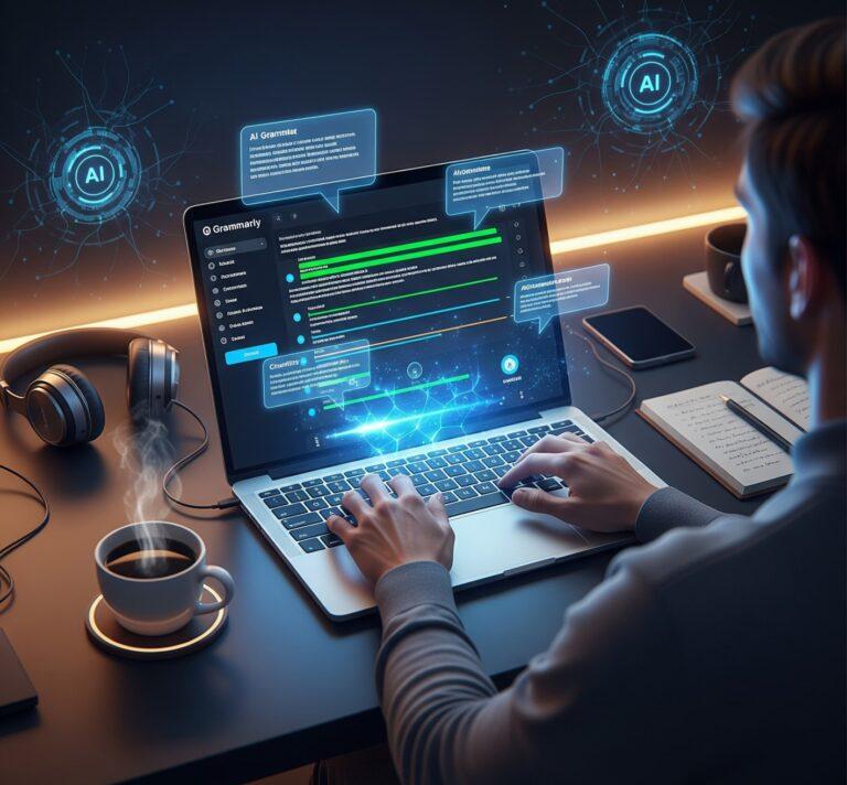 Writer using AI writing tools on a laptop